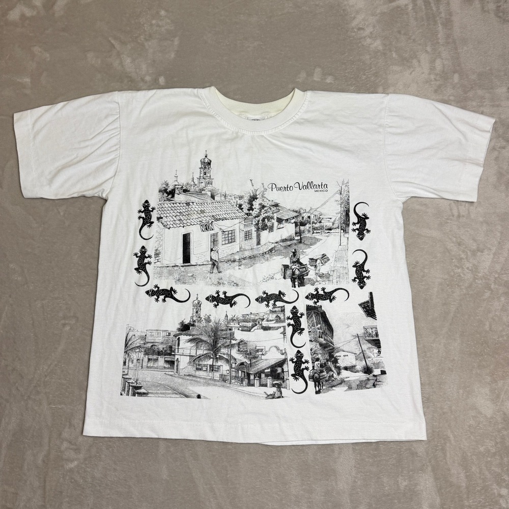 Vintage 90s Puerto Vallarta Mexico Graphic T-Shirt XL White Gecko Single Stitch